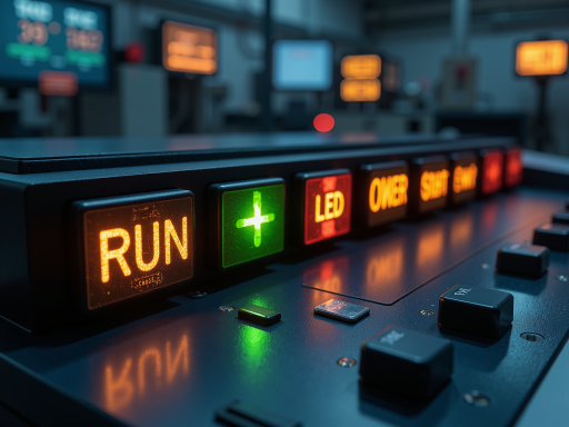 通信信号系统设备展示，多个电子设备柜排列整齐，LED指示灯闪烁，现代化控制室背景